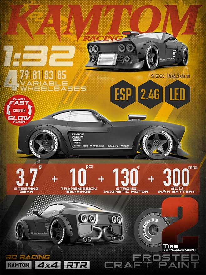 RC Drift Car 1/32 Scale High-Speed 4WD Mini Electric Remote Control Car 30 km/h with Gyro Stabilization and LED Lights Suitable for Adults (KM3299-Black)