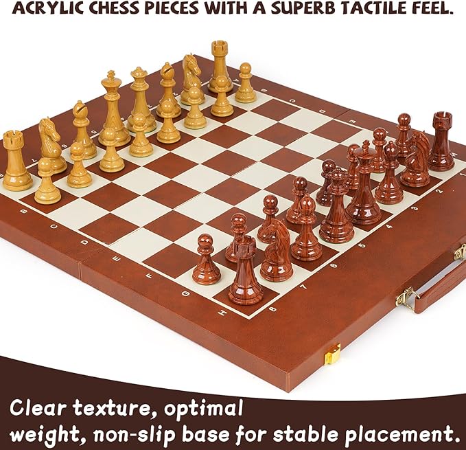 Large 3-in-1 Chess Set &amp Checkers Backgammon Set – 19 Folding Leather Chess Board with Handle Acrylic Chess Pieces &amp Checkers 4 King with 2 Extra Queens Luxury Travel Board Game Set
