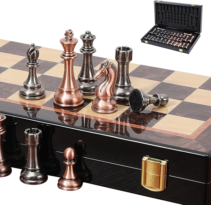 Ajedrez Luxury 15 Wooden Chess Set - Folding Board with Piano Finish | Weighted Metal Chess Pieces | Portable Travel Game for Adults &amp Kids | Premium Gift