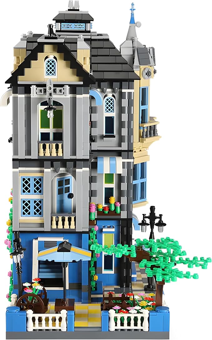 General Jim's 3-Story Victorian Townhouse &amp Garden Coffee Shop 2313-Piece Blue &amp Yellow Modular Building Blocks Set - MOC City Buildings - Great Gift for Brick Building Enthusiasts