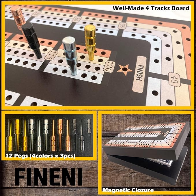 Foldable Cribbage Board Game Set Premium Wooden Foldable Board with Magnetic Lock 12 Metal Pegs Playing Cards with Travel Portable – Continuous 4 Track Board (Dark2)