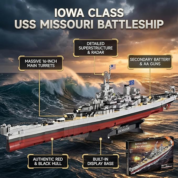 USS Missouri Battleship Building Blocks Set - Iowa-Class Warship Model 2228 Pieces 14+ Adult/Teen Building Toy 83cm Large Scale Replica with Display Stand for Collection &amp Decoration