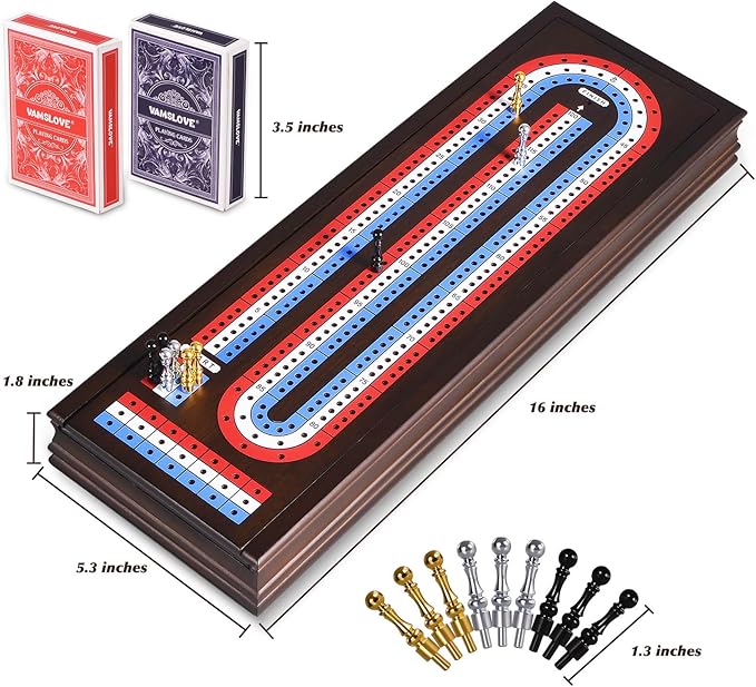VAMSLOVE 16'' Cribbage Board Game Set Wooden 3-Track Scoreboard with Large Slots for Storing 2 Playing Cards and 9 Metal Pegs Travel Family Game Night (Instruction Included)