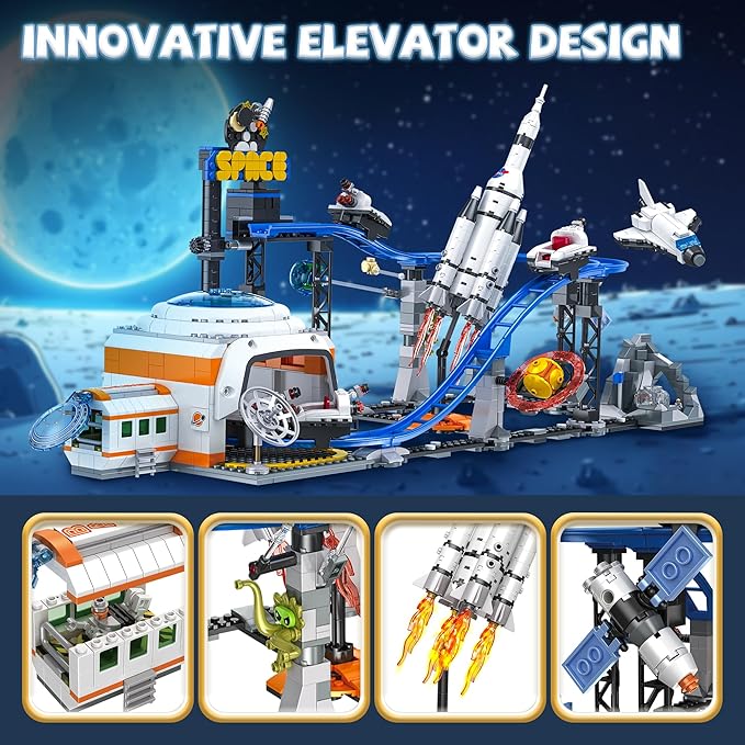 Space Roller Coaster Building Toy for Boys 12+ City Amusement Park Building Block Featuring a Roller Coaster Lift Platform Satellites Rocket Christmas Toy for Kids Ages 12+ 1288Pcs