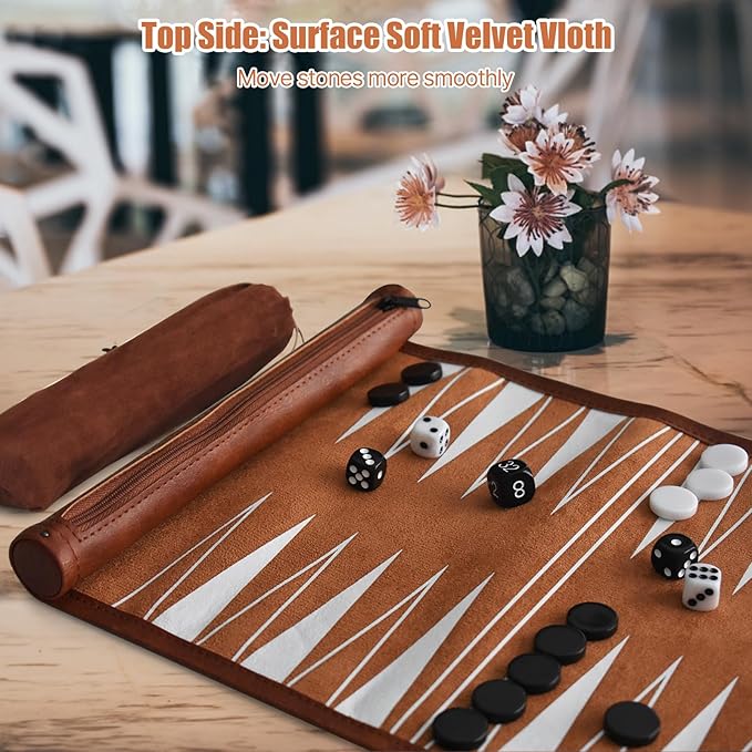 Chess Checkers and Backgammon Set 3 in 1 - Roll-up Leather Board Games Portable and Lightweight with Drawstring BagTravel-Size Board Game for Camping Backpacking Road Trips Adults