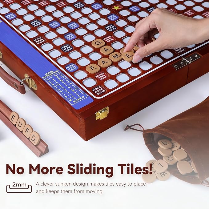 Deluxe Crossword Board Game with Rotating Board Foldable &amp Portable Design Large-Sized Board Built-in Storage for 2-4 Players Includes: Letter Tiles Wooden Racks Scorepad Set Hourglass