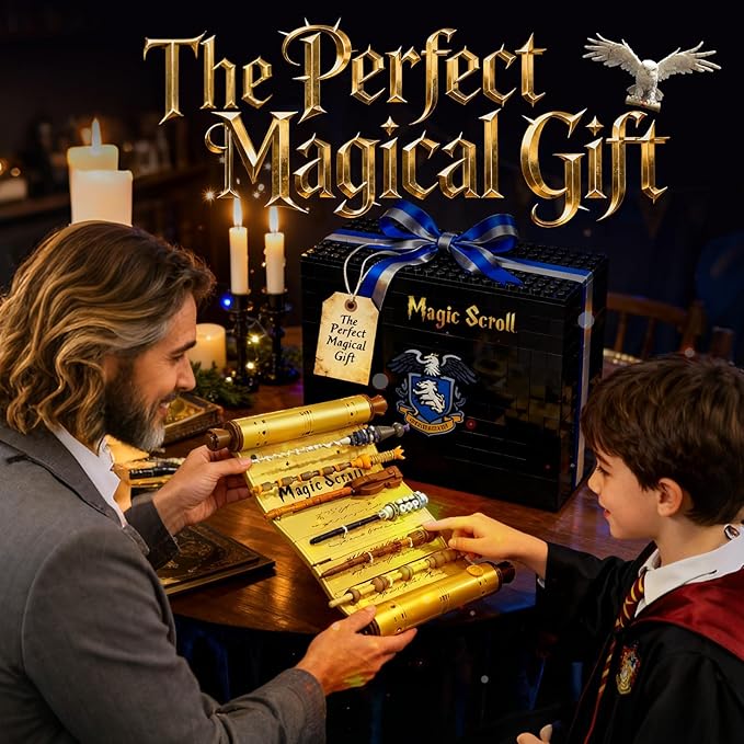 Sosuy Magic Scroll Wand Building Blocks Set — Wizard Scroll Kit with 6 Active Wands Collector Display Model Construction Ideal Gift for Fantasy Movie Fans for Kids Teens Adult 761 Pcs 8+