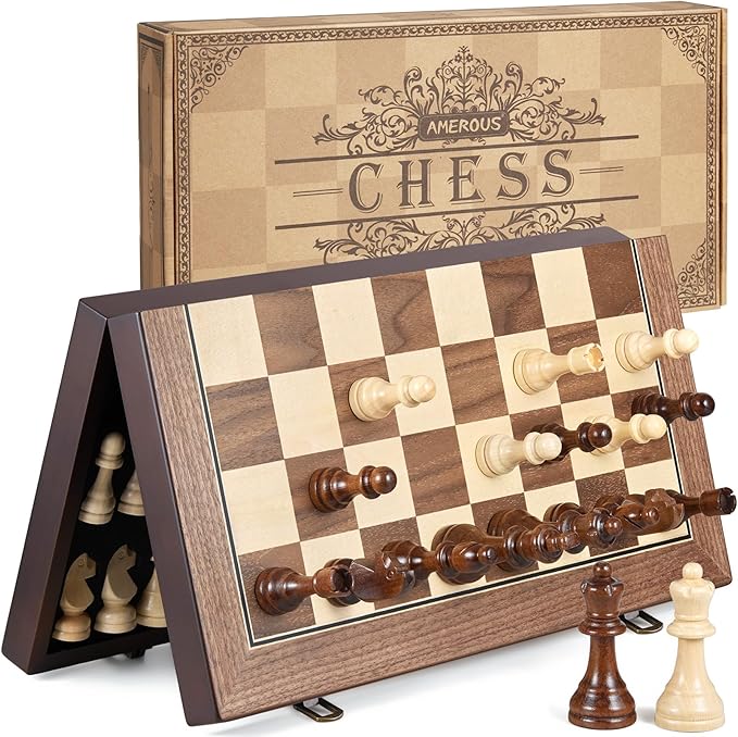 AMEROUS 17'' Magnetic Wooden Chess Set for Adults Kids - with Folding Board Gift Package Pieces Storage Slots Handmade PiecesChess Board Game Set for Tournament Professional Beginner