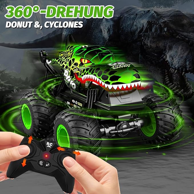Gohero Monster Truck Toys for Kids 1:20 Dinosaur Toys RC Car Truck with 360° Spins &amp Drifting 2.4GHz All-Terrain Monster Trucks for Boys Age 4-7 | with LED Light Music &amp 2 Rechargeable Batt