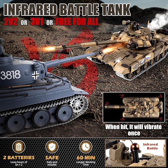 1/16 RC Tank Heng Long Metal Tiger I Army Toy with Smoke Sound and Lights Remote Control Tank That Shoots with Upgraded Metal Tracks Idler and Sprocket Wheel Steel Gearbox Batteries*2
