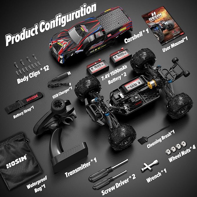 Hosim 1:10 Brushless RC Cars for Adults &amp Boys 60+ KMH Big Remote Control Car 4x4 Off Road Monster Truck 40+ Min Play Waterproof All-Terrain RC Truck Hobby Grade Electric Toy Vehicle Gift