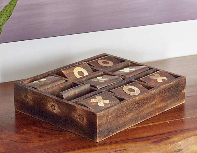 Deco 79 Mango Wood Tic Tac Toe Game Set with Gold Inlay 11 x 13 x 3 Dark Brown