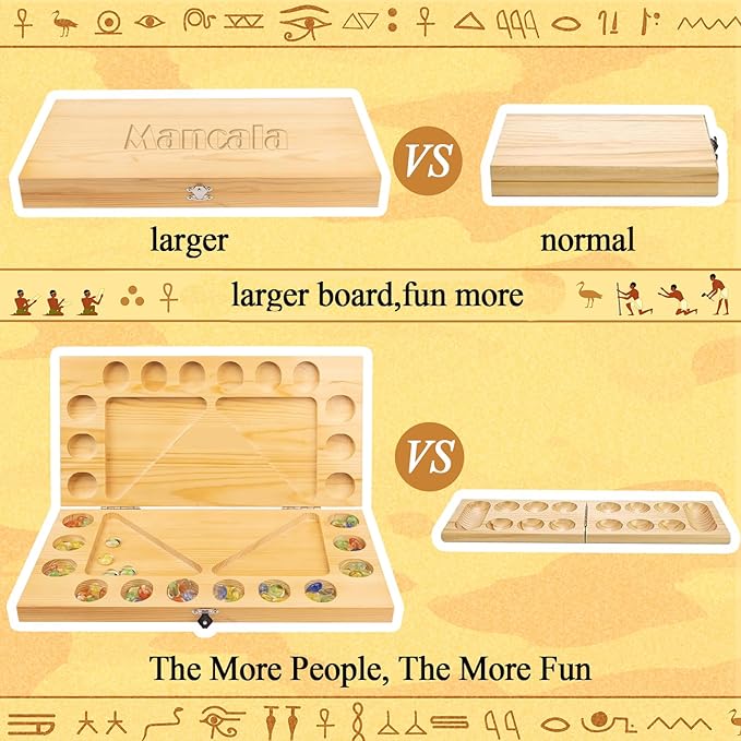 4 Players Mancala Board Game Solid Wood Folding Mancala Board with Multi-Color Glass Stones Mancala Family Travel Strategy Games Set with Game Instruction