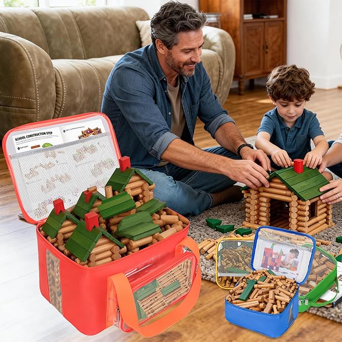 4 Pack Wooden Building Blocks Storage Bags Compatible with Wondertoys 530 Pcs Wooden Logs Set Toy Organizer with Clear PVC Window Mesh Pocket &amp Handles for Wooden Logs Blocks &amp Accessories