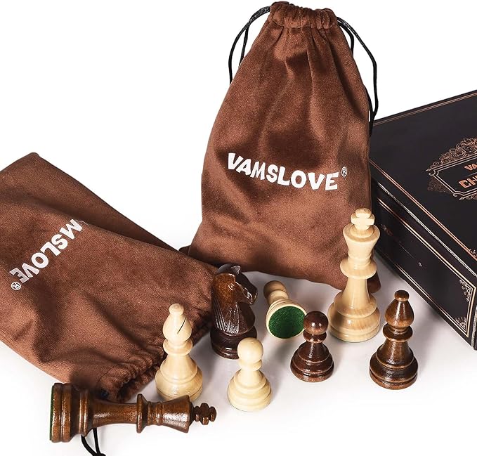 Vamslove Wooden Heavy Weighted Chess Pieces Only-3.8'' King-Extra 2 Queens-34 Wood Tournament Chessmen for Chess SetVelvet Storage Bags Included