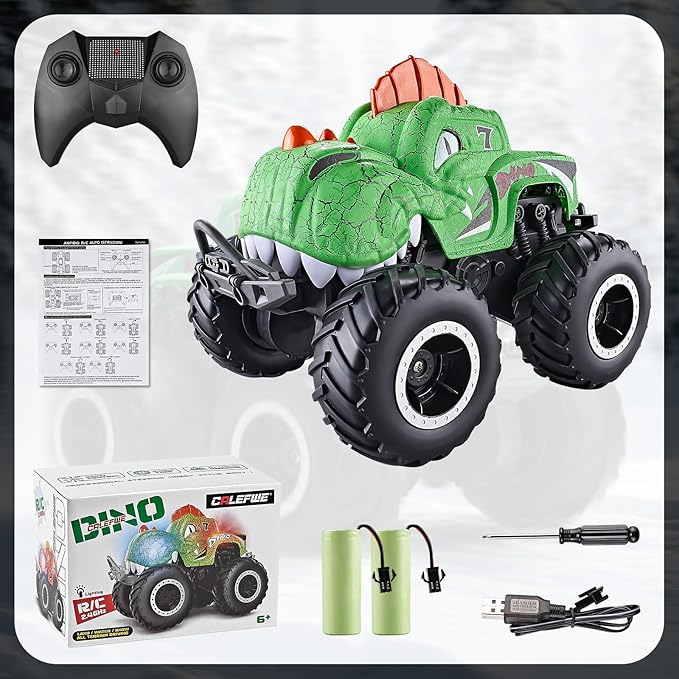 Monster Truck Toys 1:20 Waterproof Dinosaur Monster Trucks for Boys Age 4-7 2.4GHz All Terrain RC Cars with 2 Batteries 360° Rotating Stunt RC Car Toy Birthday Gift for Kids 3-5