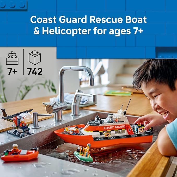 LEGO City Coast Guard Rescue Boat &amp Helicopter Building Toys - Kids Pretend Play Set for Boys &amp Girls Ages 7+ - W/2 Rescue Boat Toys 5 Minifigures &amp Dog Figure - Gift Idea for Birthdays
