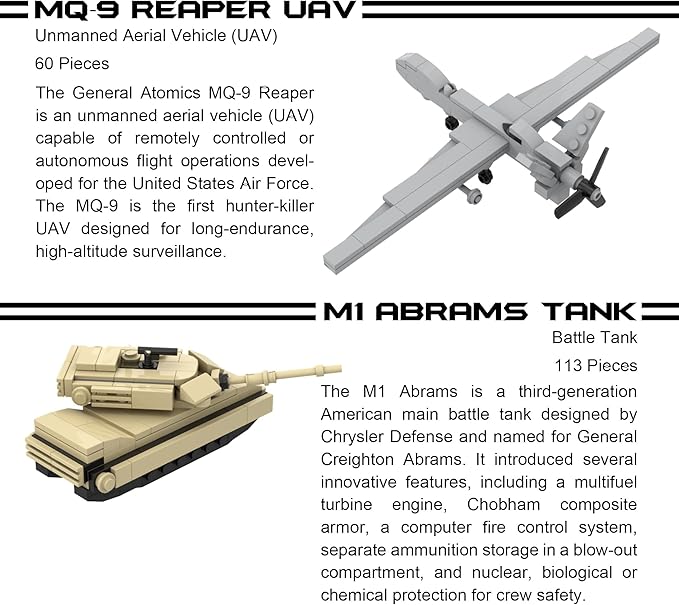 Apostrophe Games 5 Military Building Block Sets (659 Pieces) F-22 Raptor M1 Abrams Tank Black Hawk Helicopter Reaper UAV and Humvee Army Truck Scale Models for Kids and Adults