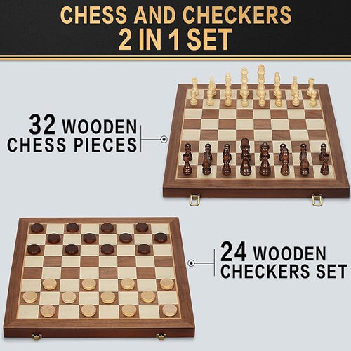 2 in 1 Magnetic Chess Set &amp Checkers Board Game 15 Wooden Folding Chess Board with 2 Extra Queens Portable Travel Chess Set with Pieces Storage Slots Beginner Chess Board Game for Adults &amp