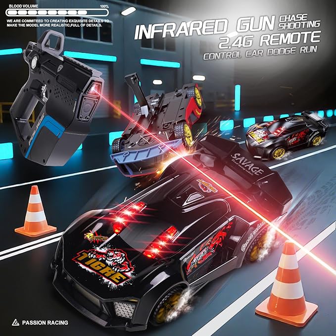 3-in-1 RC Drift Car Remote Control 1:24 Police/Sports/Racing Rechargeable 2-Player Battle Set with Infrared Gun Knock-to-Flip 60 Min Play for Kids 4 5 6 7 8 9 Year Old (Black)