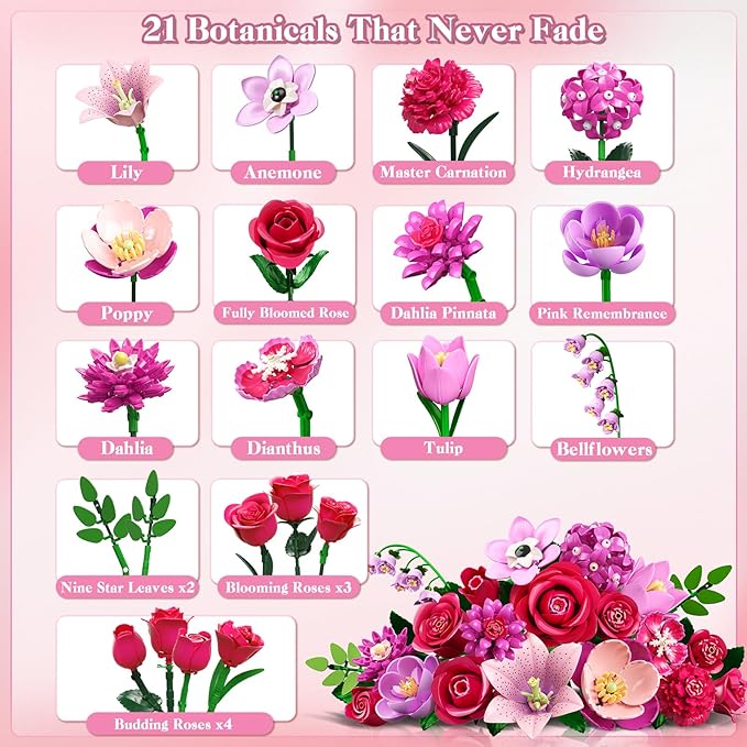 Flowers Bouquet Building Set with LED - 21 Rose Red Botanical Collection Kit for Adults Women Easter Gift for Her/Wife/Girlfriend/Mom 832 PCS Artificial Flower Plant for Home Decor