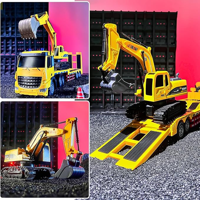 RC Semi-Trailer Truck with Excavator Toy Set - 1:12 Scale Remote Control Flatbed Truck and Excavator Toy for Kids 22.5 Inch with Lights &amp Music RC Construction Vehicle Toys for Boys 6-12 Years O