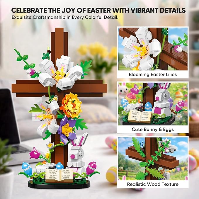 Easter Cross Flower Building Blocks Set - Jesus Botanical Lily Cross with Bunny Lamb &amp Eggs - Religious Christian Gifts for Women &amp Adults - Spring Resurrection Home Decor