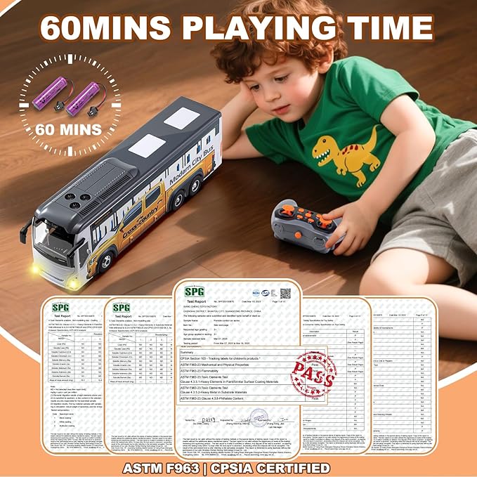 9 Channel RC Bus for Kids 2.4G Remote Control City Buses with LED Lights &amp Music Model Vehicle Car with 2 Batteries Birthdays Gift for Children Boys Girls Ages 3+ (City Bus)