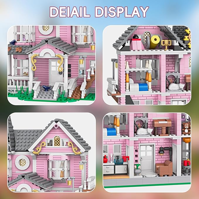 Pink Palace Apartment Building Set Halloween Haunted House Blocks Detailed Castle House Model with Classic European Style Detailed Interior