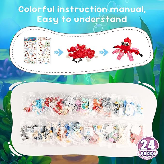 24 Party Favors Kids Building Blocks Dinosaur Sea Animals Pool Party Favors Building Set for Birthday Classroom PrizesGoodies Bag Filling Gift for Boys and Girls Ages 6-12