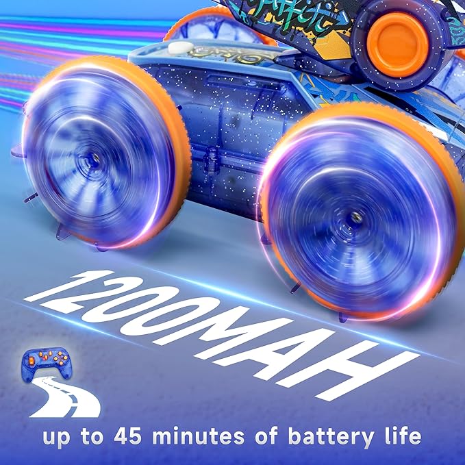 BEZGAR Pool Toys for Kids Amphibious Remote Control Car Toys for Ages 6-8 RC Stunt Car with Water Gun for Boys and Girls 8-12 Remote Control Boat with Light(Blue)