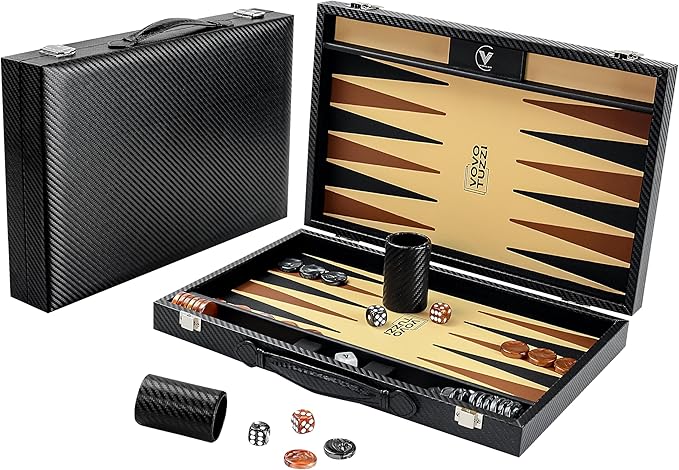 Backgammon Sets for Adults 15 Inch Backgammon Board Game Premium Carbon Fiber PU Leather Backgammon Set with Checkers &amp Dices Large Black Travel Backgammon