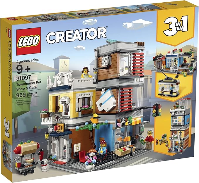 LEGO Creator 3 in 1 Townhouse Pet Shop &amp Café 31097 Toy Store Building Set with Bank Town Playset with a Toy Tram Animal Figures and Minifigures (969 Pieces)