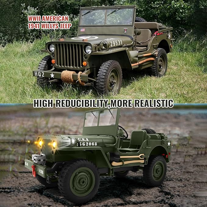 Remote Control Truck Off Road - 4x4 1/10 Scale Willys Army Rock Crawler RC Truck with Winch&ampCar Cover 40Mins Play Time All Terrain Offroad RC Car Military Vehicle Toys for Boys Radio Controlled
