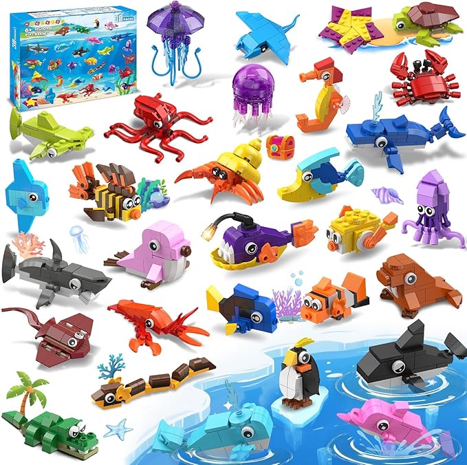 30 Pack Animals Easter Party Favors For Kids 824PCS Marine Animal Building Block Sets for Easter Basket Fillers Goodie Bags Stuffer Classroom Prizes Stocking Stuffers Birthday Gifts for Boys Girls 6+