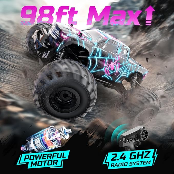 DEERC 1/16 Glowing Spider Remote Control Car - Fast RC Cars W/2 Rechargeable Batteries for 40 Min Play All Terrain Off-Road Monster Truck Toys for Boys Kids Age 4-7 8-12 Birthday Xmas Gift