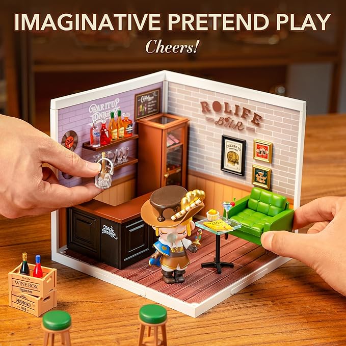 ROBOTIME Miniature House Kit DIY Plastic House Building Toy Set with LED Tiny Store Making Kit Model Craft Hobby Unique Gift (Leisurely Cheers Bar)
