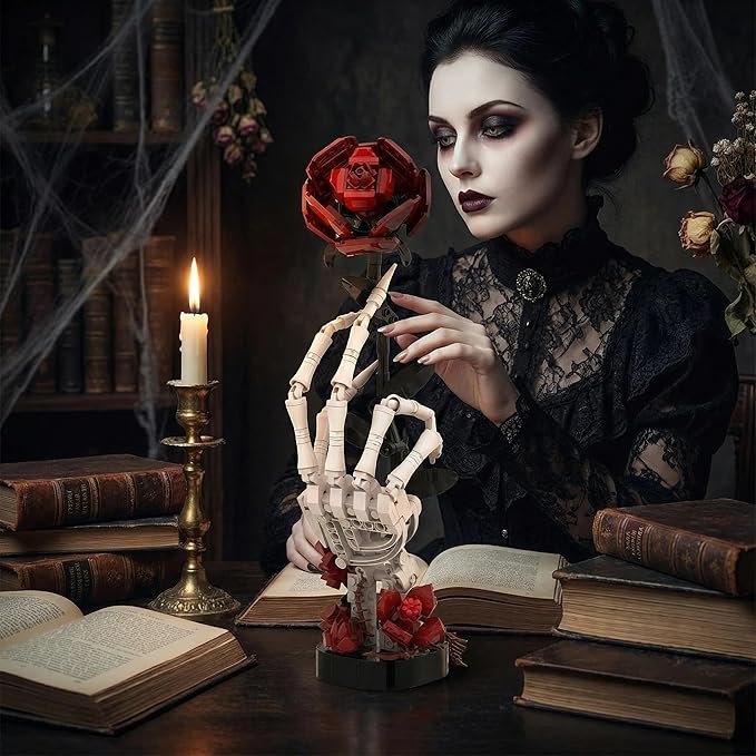 Gothic Skull Hand Red Rose Bouquet Building Set Gothic Horror Decor BotanicalBotanical Collection Kit for Adults and Women Valentine's Day Gift Gothic Romantic Horror Skeleton Home Table Decor