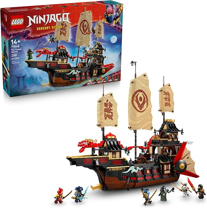 LEGO NINJAGO The Temple Bounty Building Toy - Multi-Level Boat W/6 Ninja Toy Minifigures for Kids Ages 14+ - Model Building Kit with Display Stand - Dragons Rising Gift for Teen Boys &amp Girls - 71