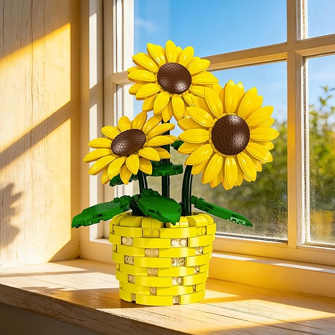 Xbert Sunflower Building Set Botanicals Potted Plant Artificial Flowers Fake Indoor Flowers for Home Office Bedroom Desk Decor - Gifts for for Women Adults
