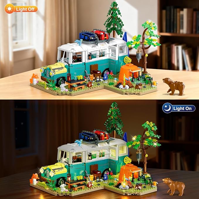 Wilderness Bus Building Set with Light 1392PCS Camping Building Toy Kit with Removable Bus Animals and Rich Accessories Creative Home Decor &amp Display Xmas Birthday Gifts for Adults Teens