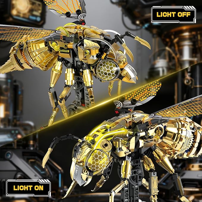 Mechanical Bee Building Set for Adults Technic Animal Building Block Insect Model with Lights &amp Moving Wings Golden Robot Bee Collectible Toy Kit Creative Display &amp Gift Idea 832Pcs