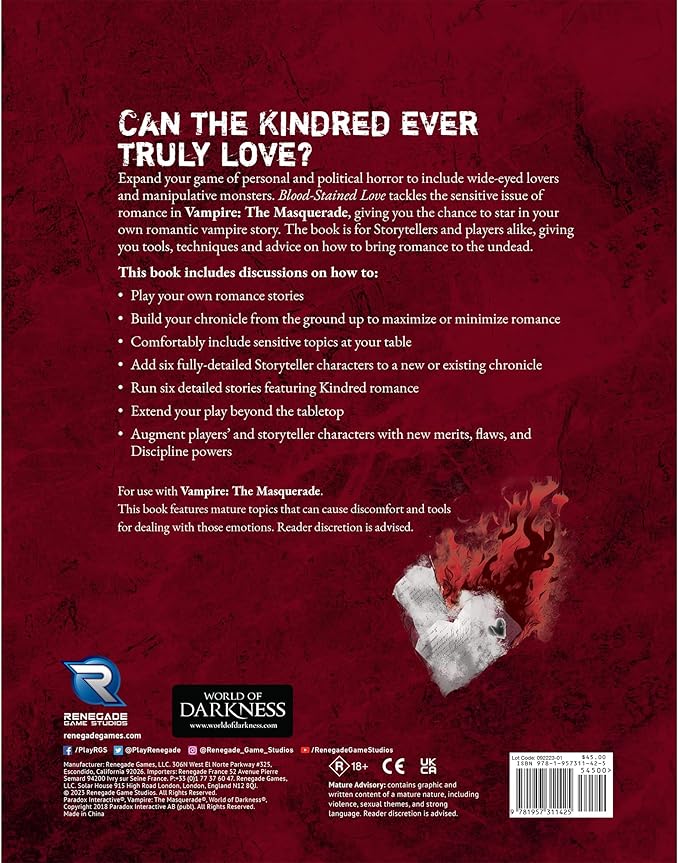 Renegade Game Studios Vampire The Masquerade 5 Edition Blood-Stained Love Sourcebook for Tabletop Roleplay