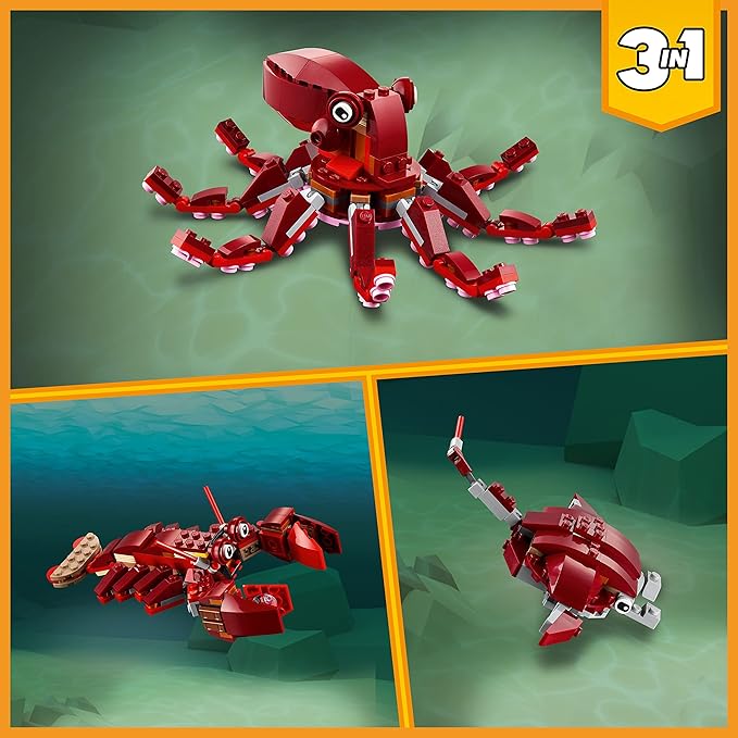 LEGO Creator 3 in 1 Sunken Treasure Mission Submarine Toy Underwater Creatures Transform from Octopus tp Lobster to Manta Ray Fun Sea Animal Figures 31130