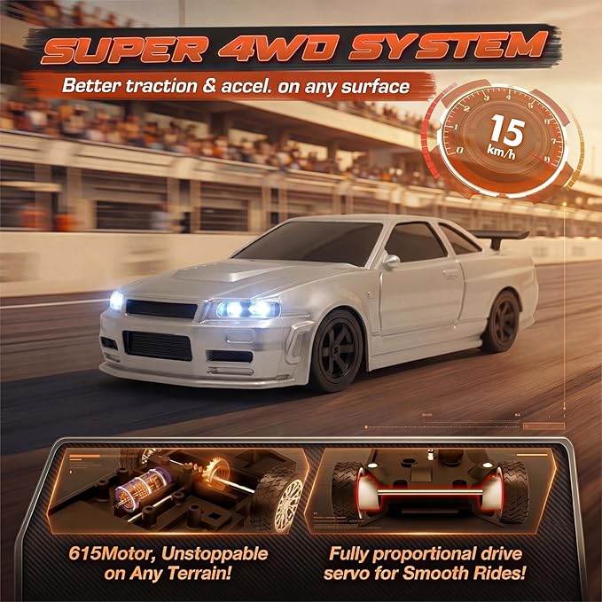 [4WD Edition 1/43 Scale Mini RC Drift Car Toys for Age 8-14 Old Birthday Gifts High Speed Racing Micro Small with Full Proportional RTR 2.4GHz Remote 2 Tire Sets 8 Cones - Silver