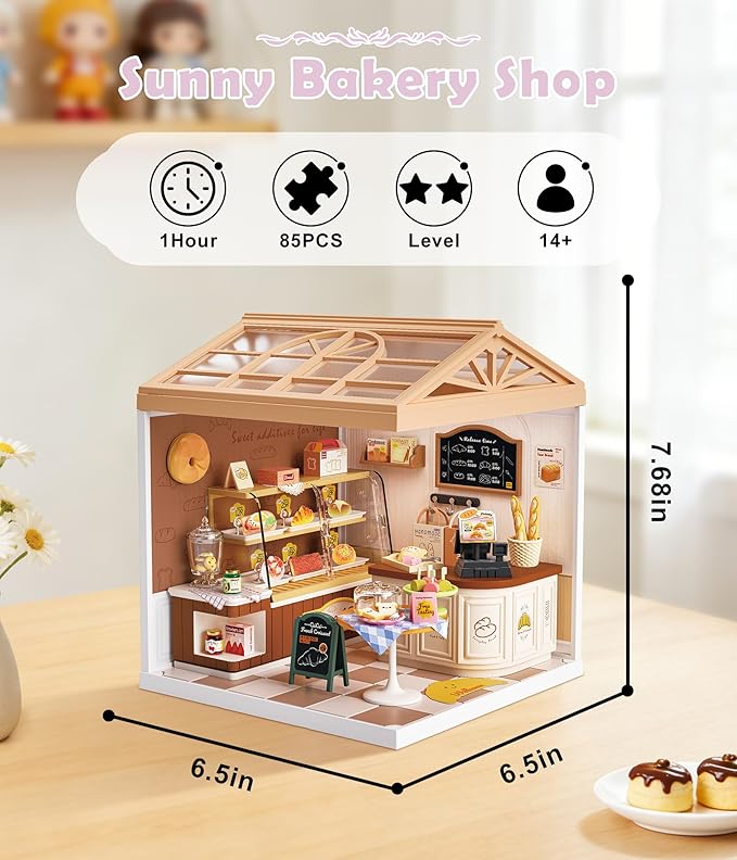 Miniature Bakery Dollhouse Kit - Sunny Pastry Shop DIY Room with Glass Door &amp Protective Roof &amp LED Lights - Creative Building Toy for Adults Teens and Kids - Unique Gift Idea