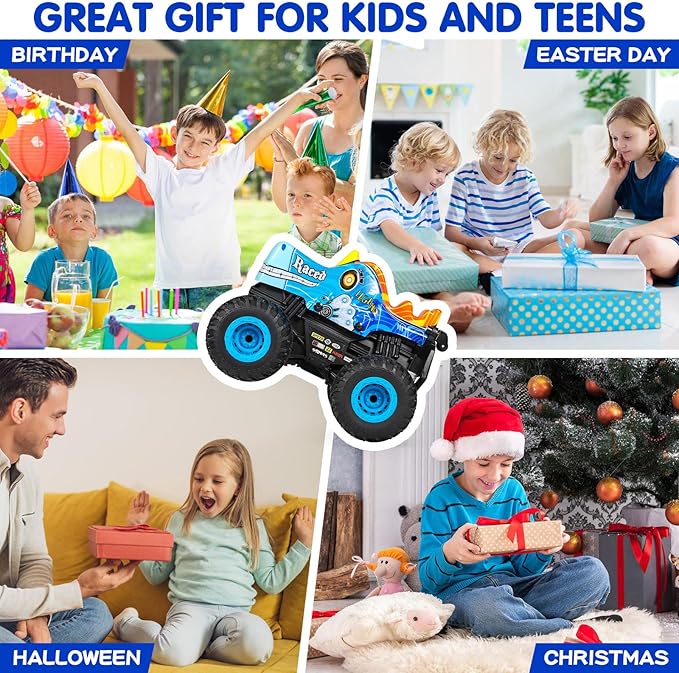 DYODYORC Remote Control Car 2.4Ghz All Terrain Monster Truck RC Truck with Music 3 Lighting Effects 360 Stunt Capable 2 Batteries Ready to Run Toy Gifts for Boys and Girls (Blue)