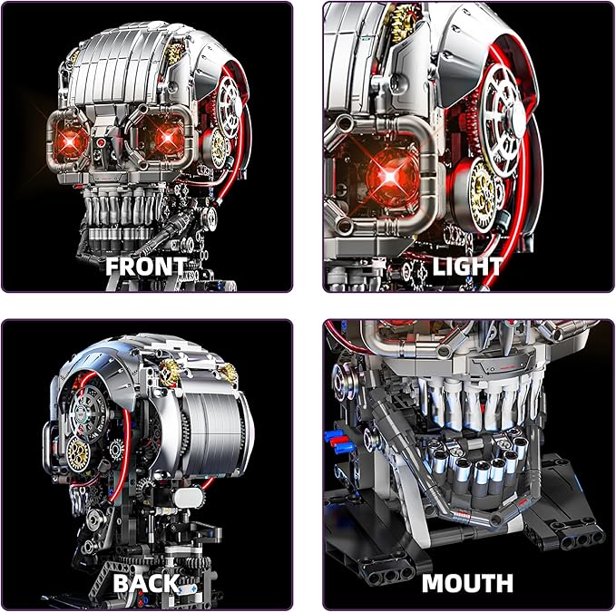 1099PCS Mechanical Skull Building Block Set3D Poseable Model with LED Light Movable Linkage Gears Display Stand STEM Toys Gift for Kids &amp Adults Perfect for Horror Fans &amp Gothic Room Decor