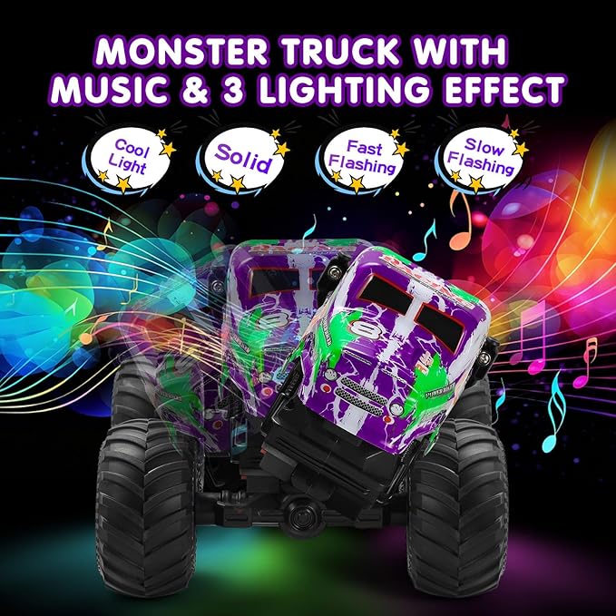 DYODYORC Remote Control Car 2.4Ghz All Terrain Monster Truck Toys RC Truck with Music 3 Lighting Effects 360 Stunt Capable 2 Batteries Ready to Run Toy Gifts for Boys and Girls (Purple)