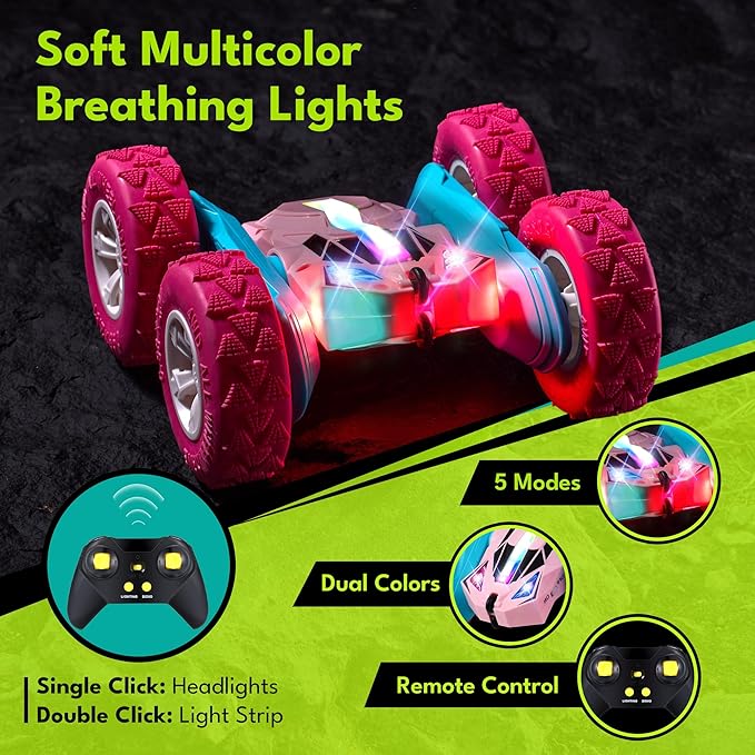 Threeking New Remote Control Car RC Flip Stunt Double Sided Driving Cars Toys for Girls Ages 6-12 USB-C Modular Batteries 4WD 360° Flips with Breathing Soft Lights Presents Gifts for Kids Pink